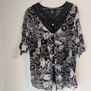 Floral Button Front Top 1XL Black White Beaded Flowy Bows Dainty FairyWhimsigoth